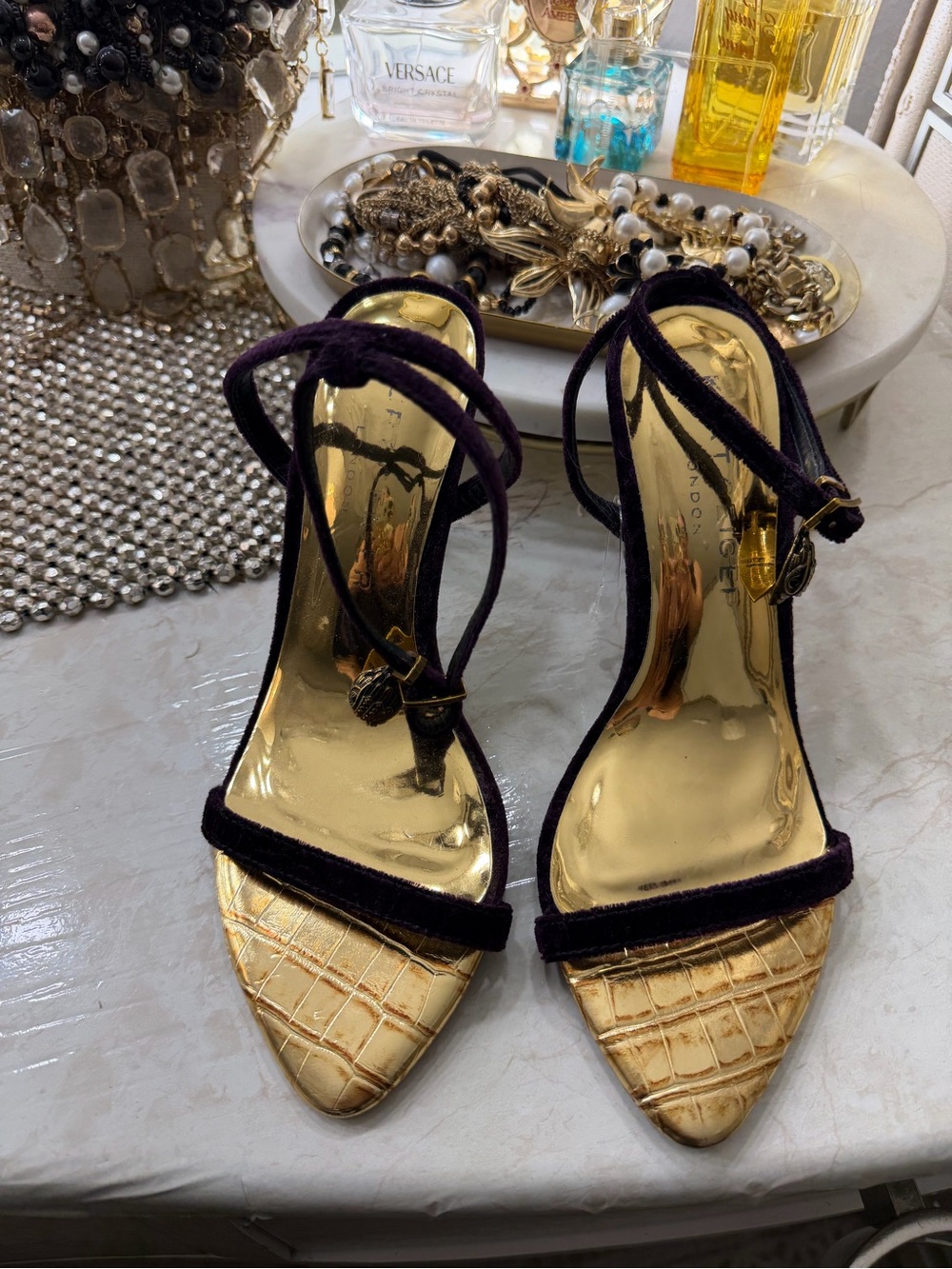 Kurt Geiger Gold Croc-Embossed Pointed Heels with Black Velvet Straps